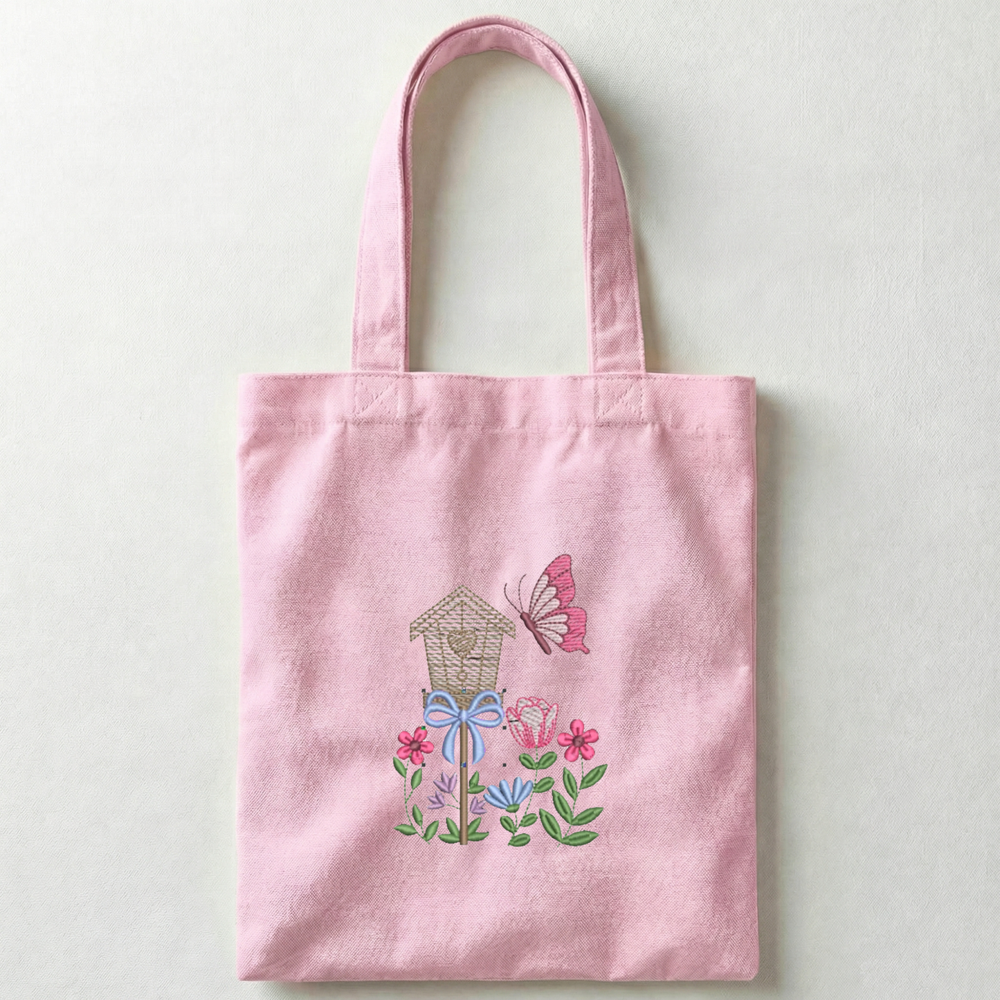 Borsa Shopper Rosa in Canvas con Ricamo Floreale e Farfalla – Fatto a Mano in Italia