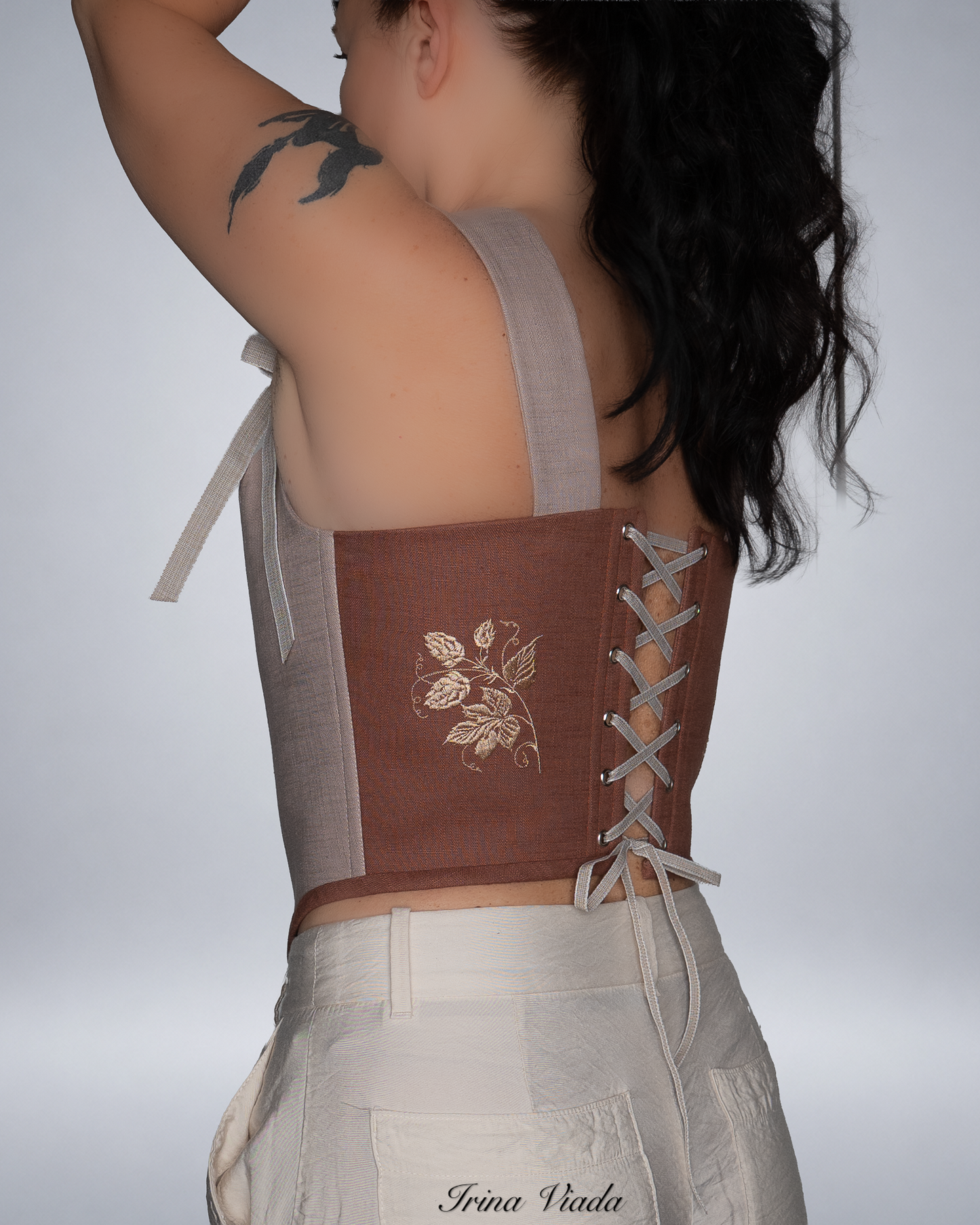 Brown Linen Corset Top with Floral Embroidery Romantic Cottagecore Corset