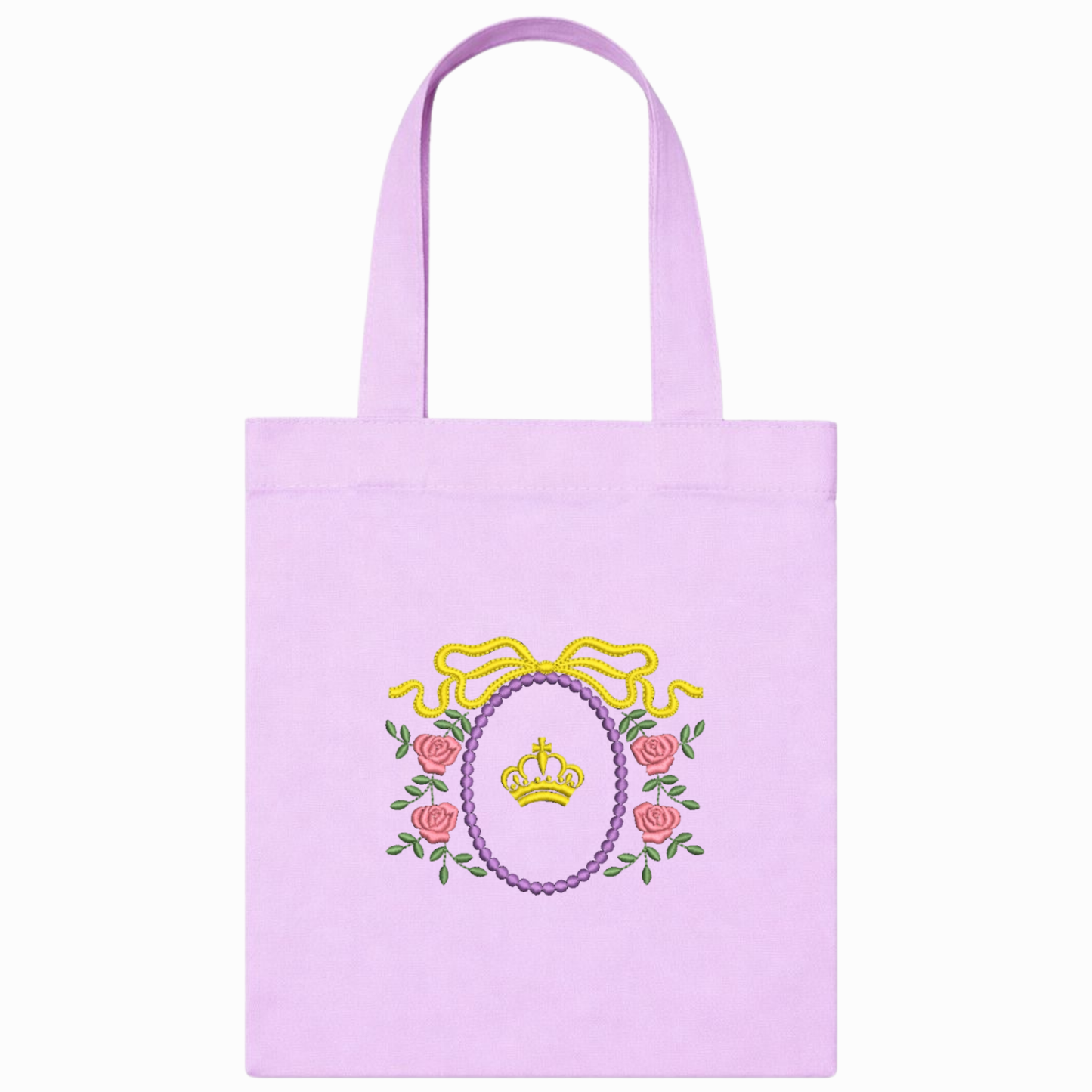 Shopper in canvas lilla con ricamo floreale e corona