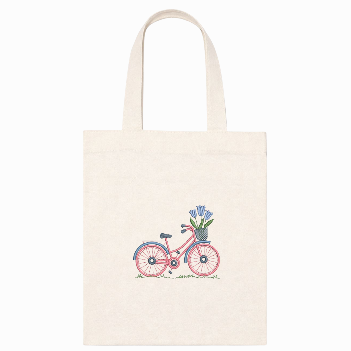 Borsa Shopper in Canvas con Ricamo Bicicletta e Tulipani Fatto a Mano in Italia