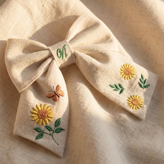 Linen hair bow with sunflower embroidery - Handmade bow for girl