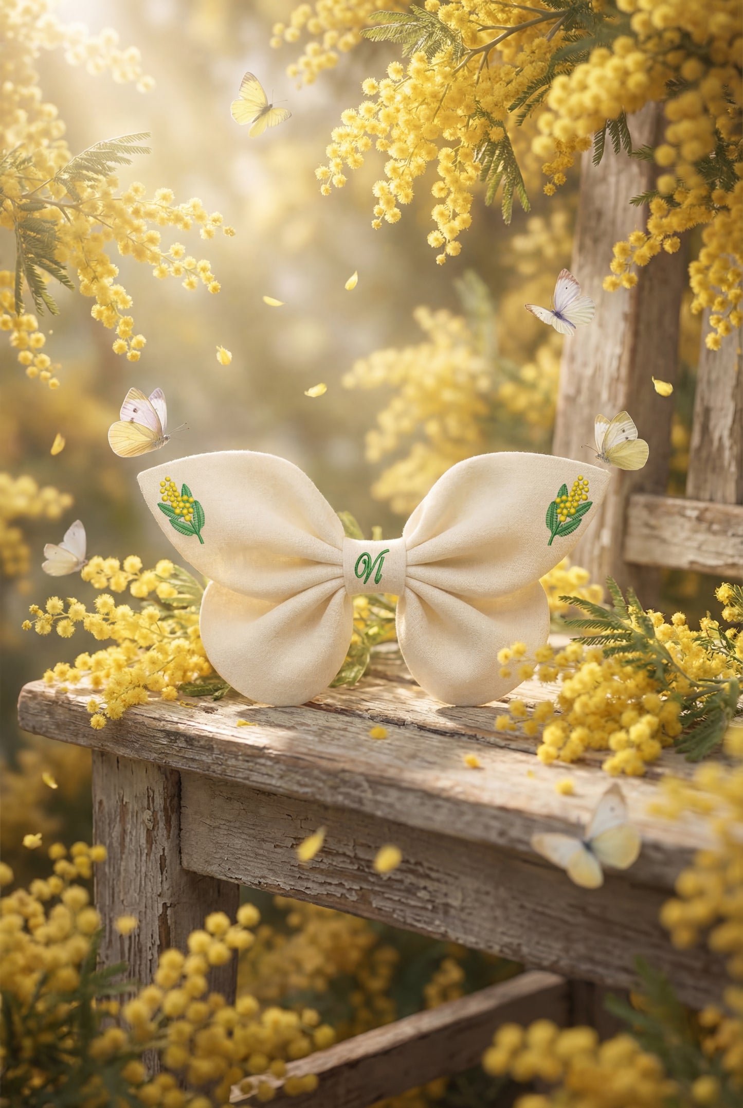 Fiocco per capelli in lino con ricamo mimosa | VIADALINNO Fiori primavera