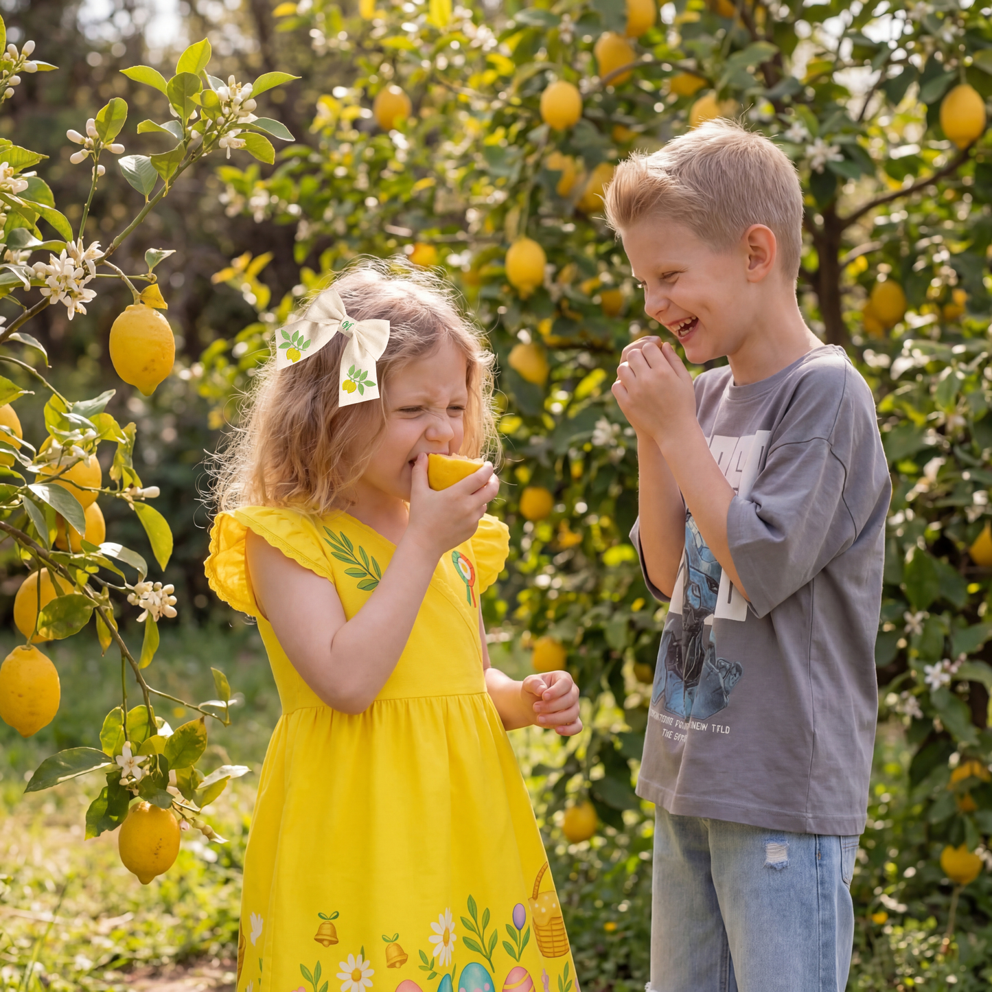 Fiocco per capelli in lino con ricamo limoni