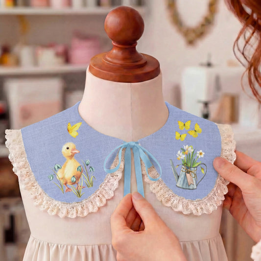 Lilac linen collar for girls with spring illustrated print