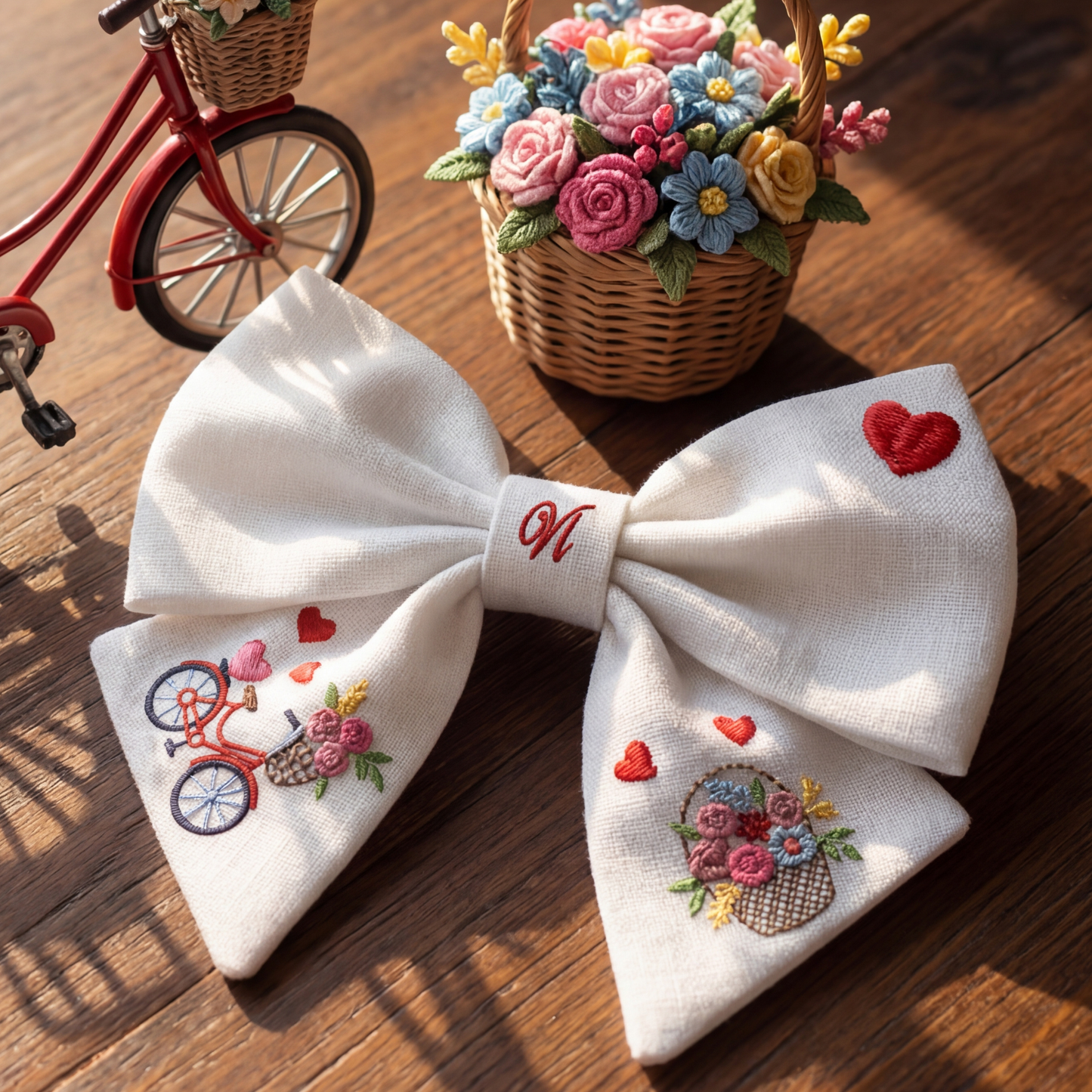 Leinenschleife mit Stickerei „Fahrrad und Blumen“. Valentinstag-Kollektion