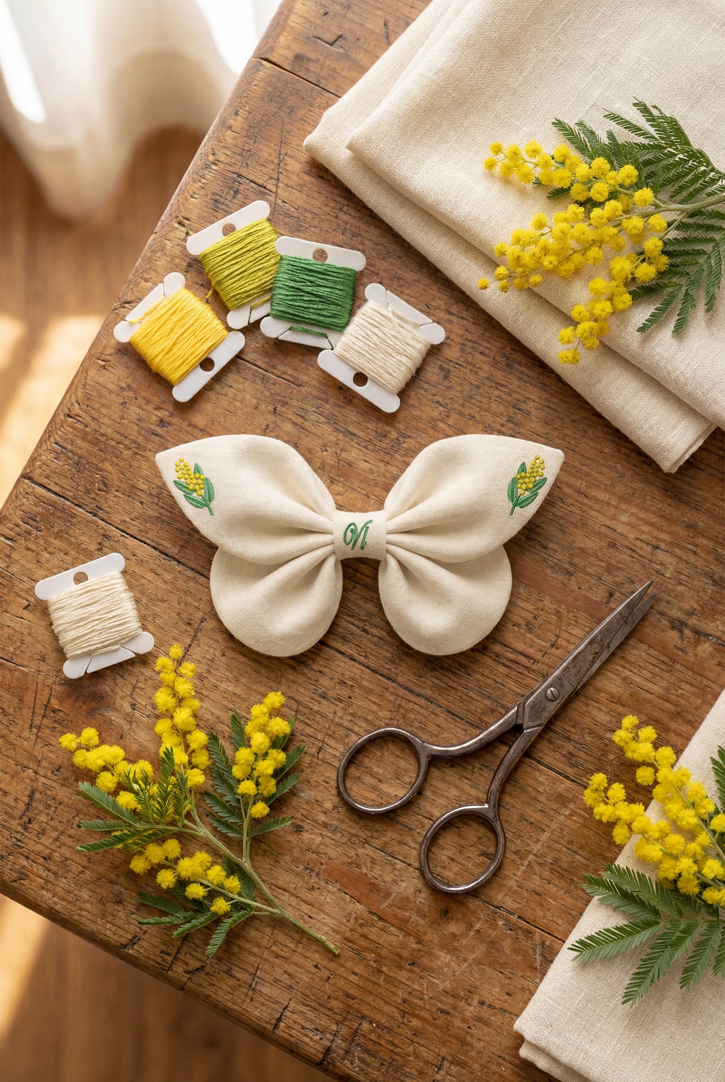 Fiocco per capelli in lino con ricamo mimosa | VIADALINNO Fiori primavera