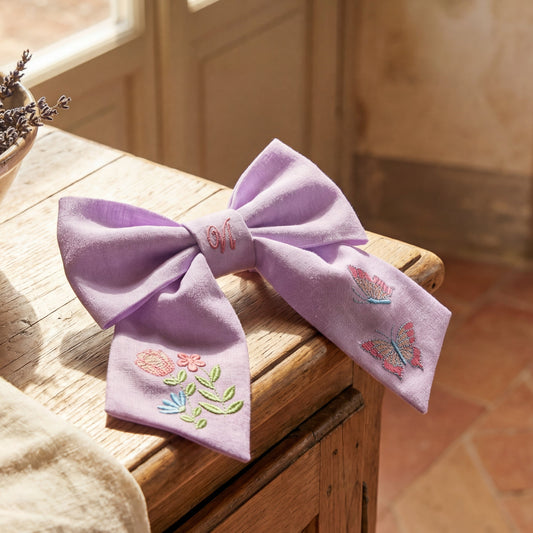Linen Hair Bow with Embroidery – Handmade Bow for Girls, Floral and Butterfly Design
