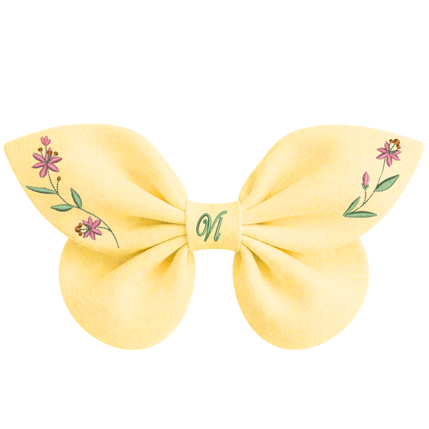 Gelbe Leinenhaarschleife mit Blumenstickerei von Fiori Incantati