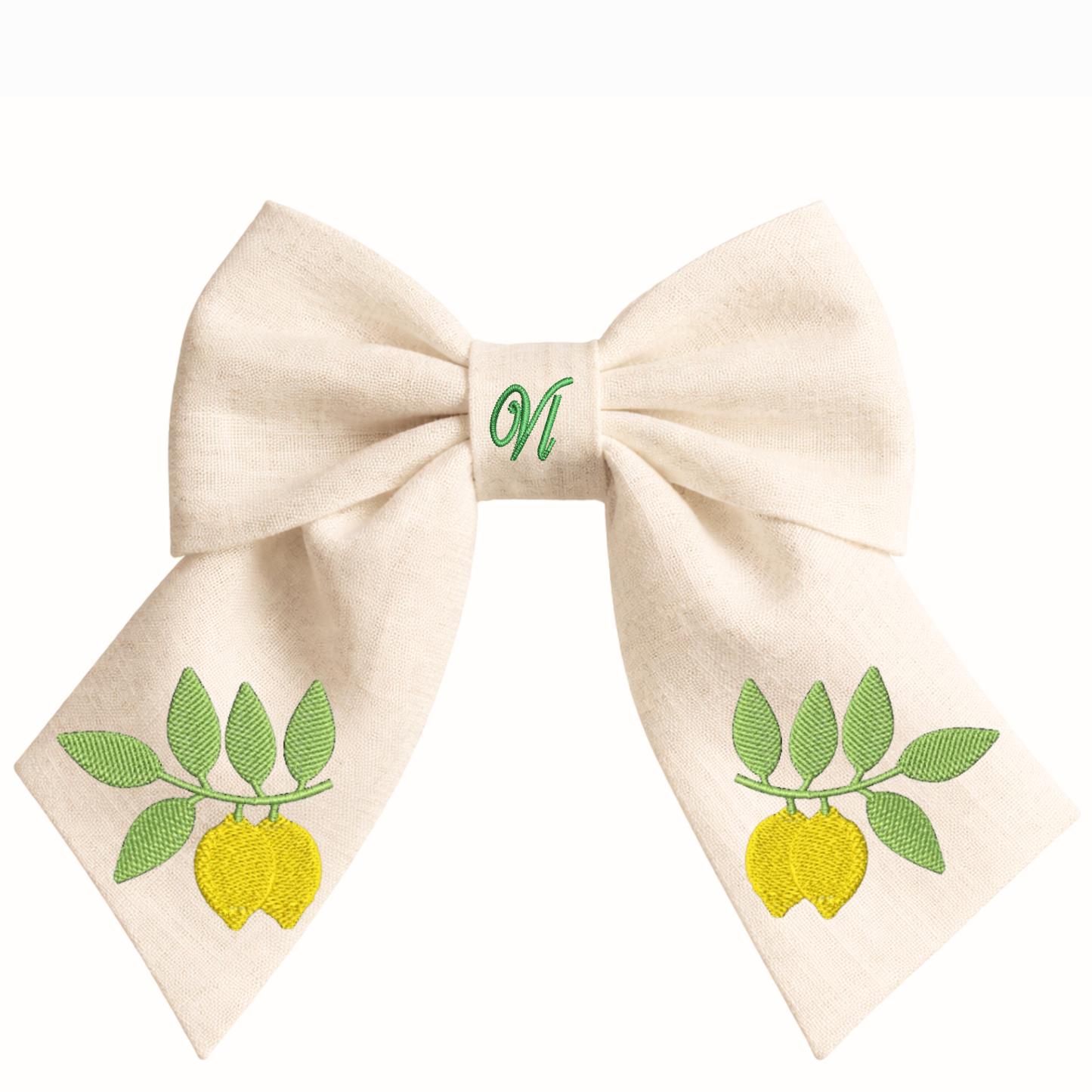 Fiocco per capelli in lino con ricamo limoni
