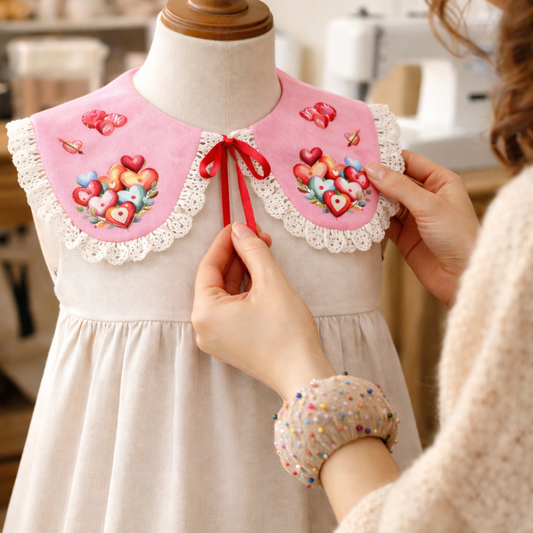 Decorative linen collar for girls with lace and a heart print. Valentine's Day.