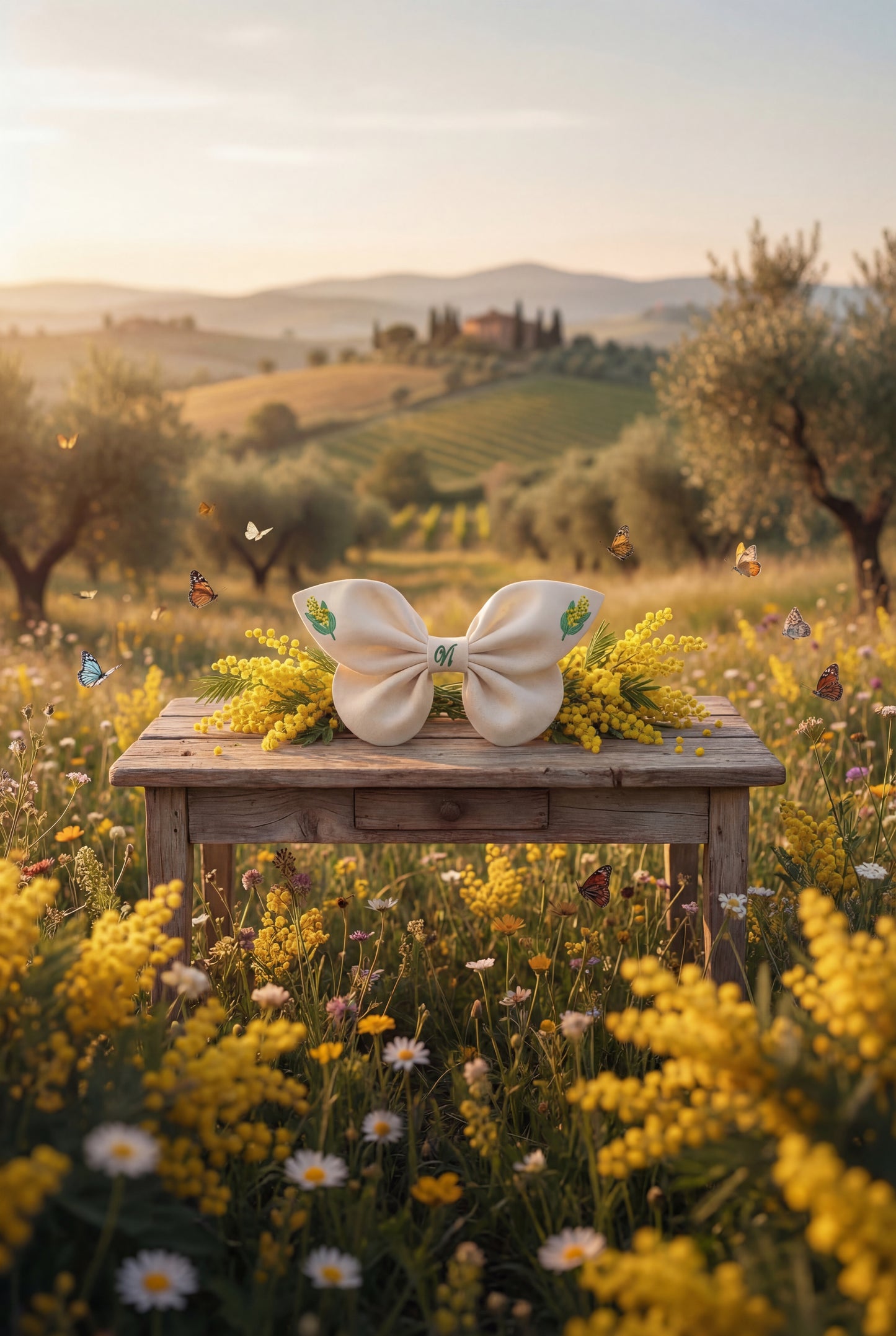 Fiocco per capelli in lino con ricamo mimosa | VIADALINNO Fiori primavera
