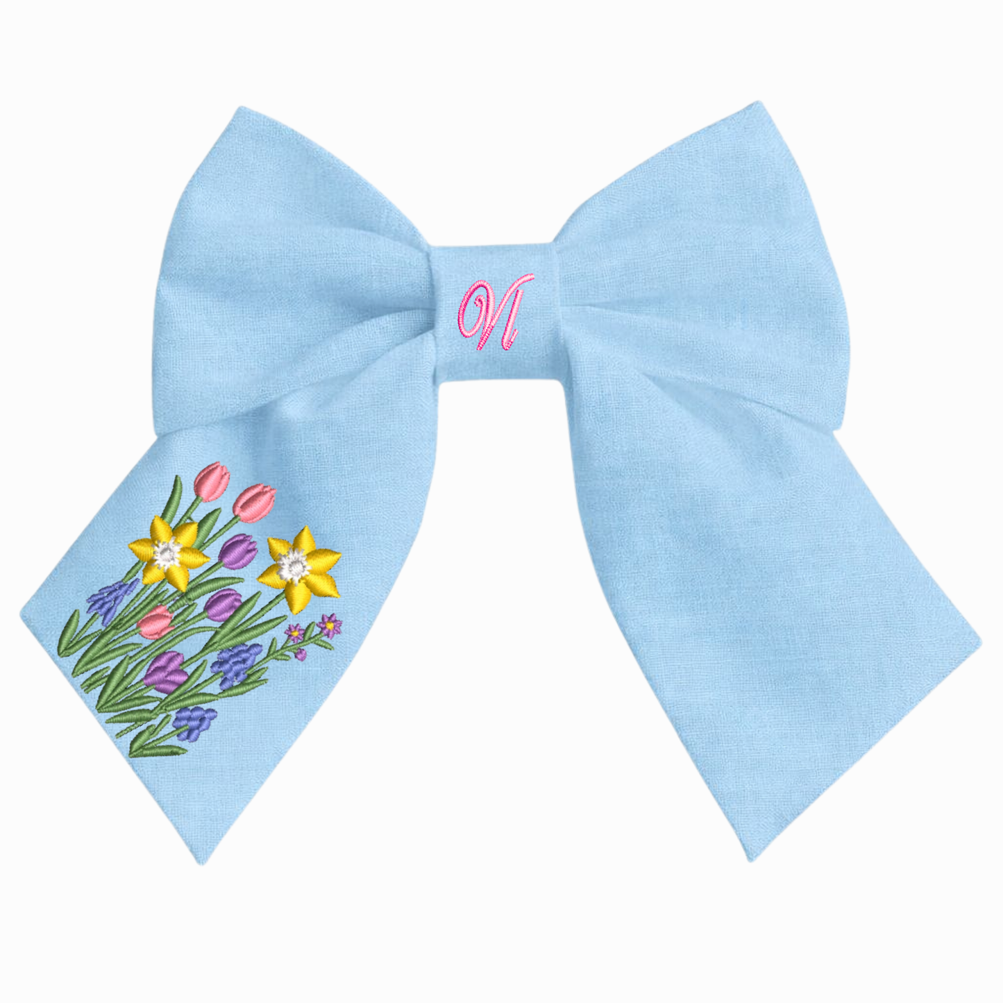Leinen-Haarschleife mit Blumenstickerei – Handgemachte Schleife für Mädchen