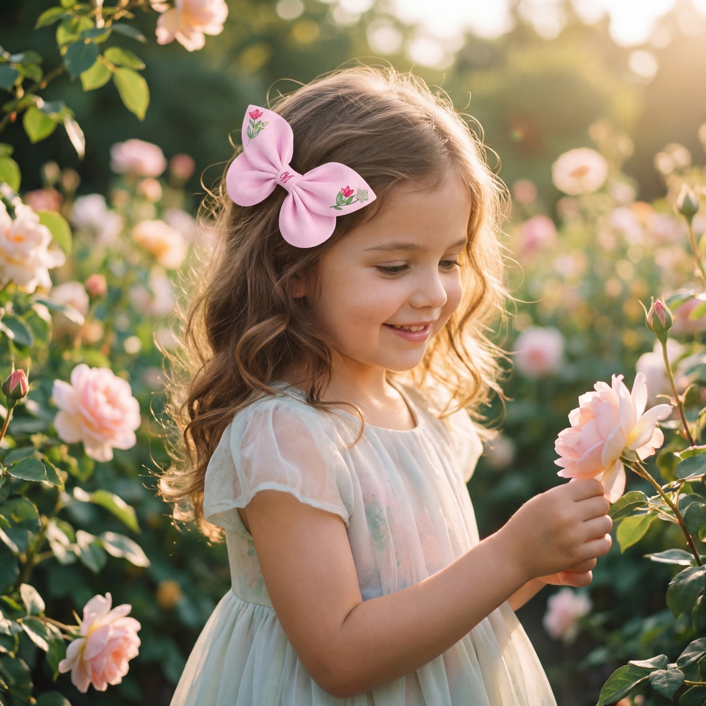 Blaue Leinenschleife mit Kolibri- und Blumenstickerei. Verzauberte Blumen