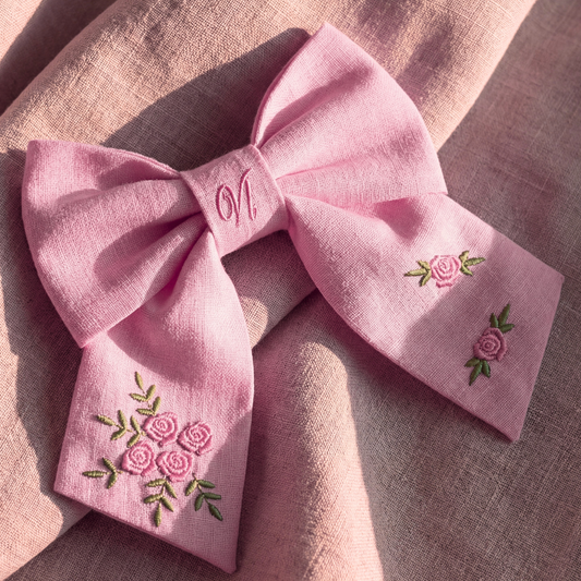 Linen hair bow with rose embroidery – Handmade elegant bow for girls
