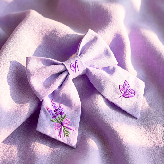 Linen hair bow with lavender embroidery – Handmade elegant bow for girls