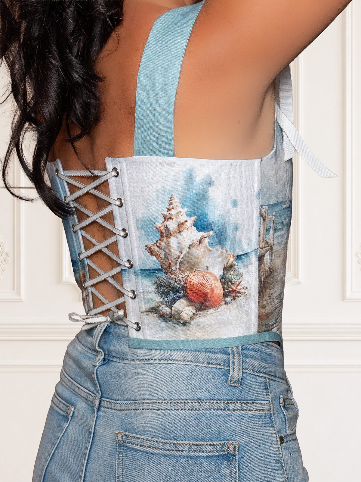 Nautical Sailing Ship Cotton Corset Top Coastal Blue Corset with Ribbon Ties