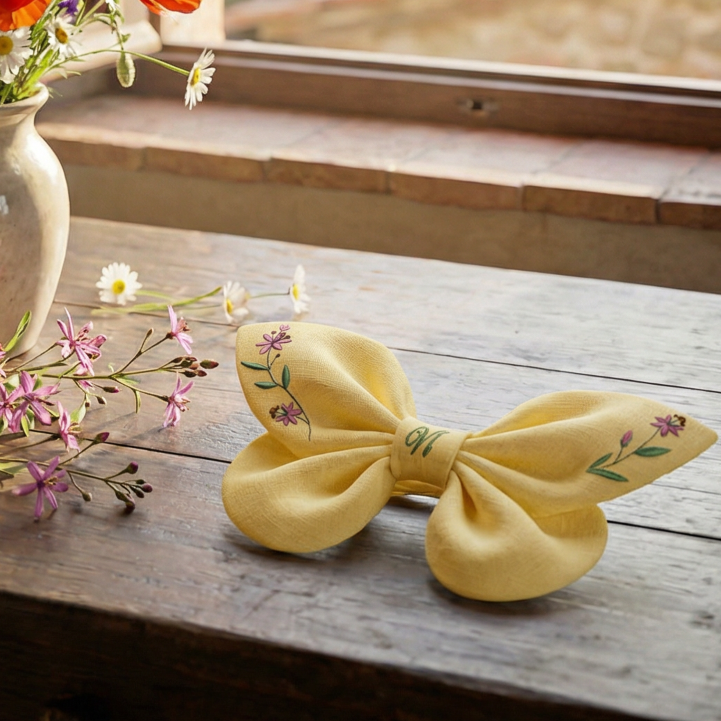 Gelbe Leinenhaarschleife mit Blumenstickerei von Fiori Incantati