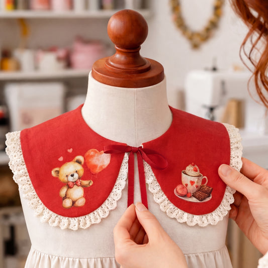 Red linen collar with Valentine's Day teddy bears and hearts