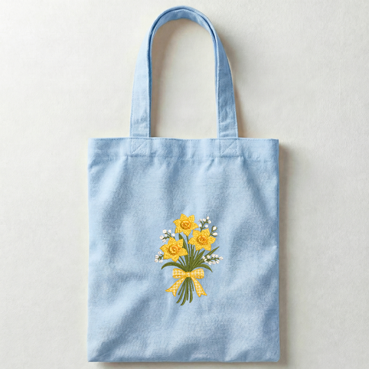 Borsa Shopper Azzurra in Canvas con Ricamo Narcisi – Fatto a Mano in Italia