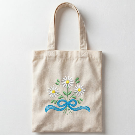 Borsa shopper in canvas con ricamo floreale – Tote bag con margherite, fatta a mano in Italia