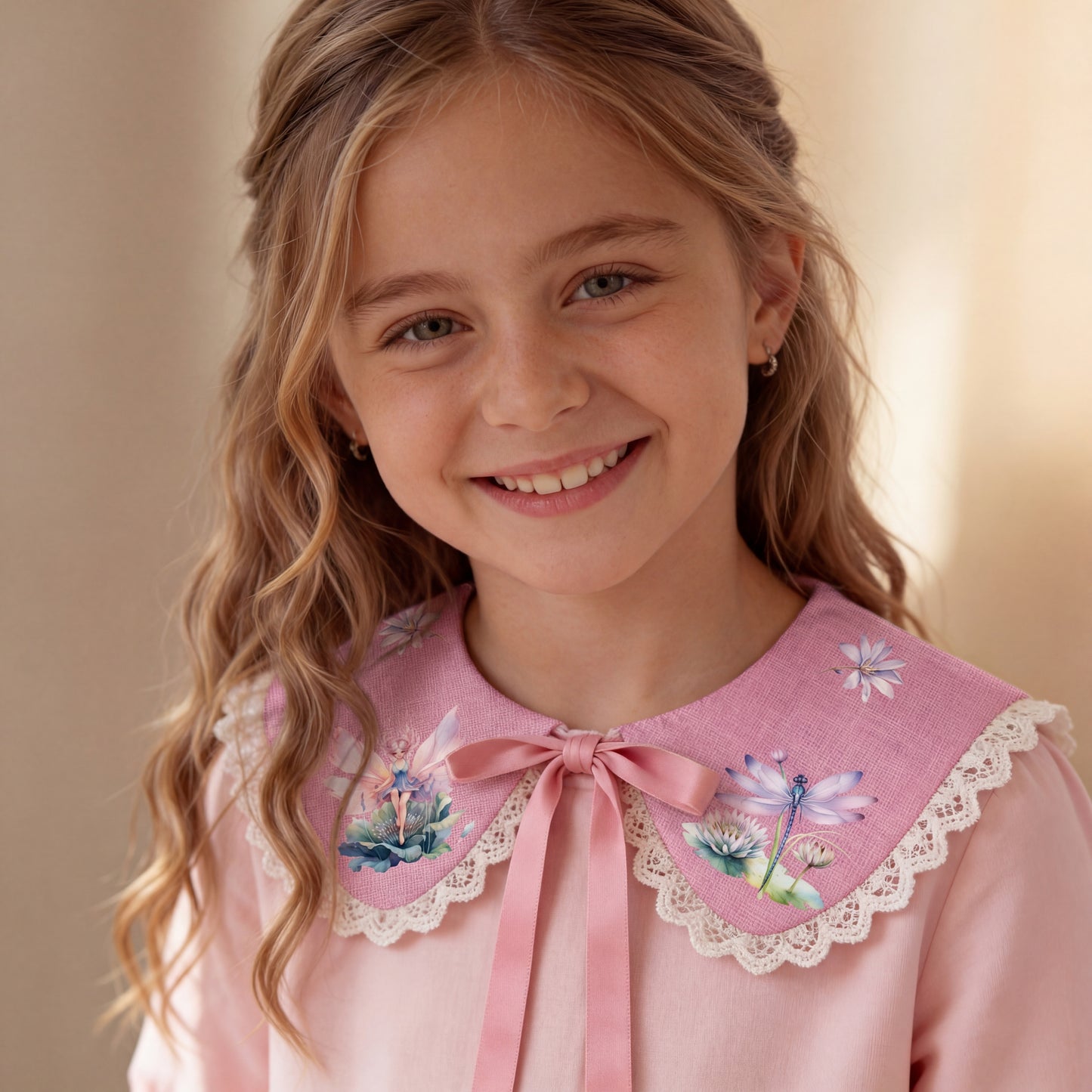 Colletto Peter Pan in lino rosa con stampa floreale e fiabesca – fatto a mano