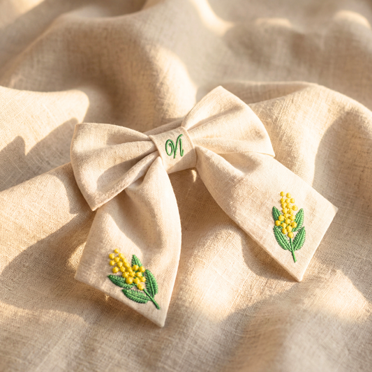 Linen hair bow with mimosa embroidery - Handmade hair bow for girls
