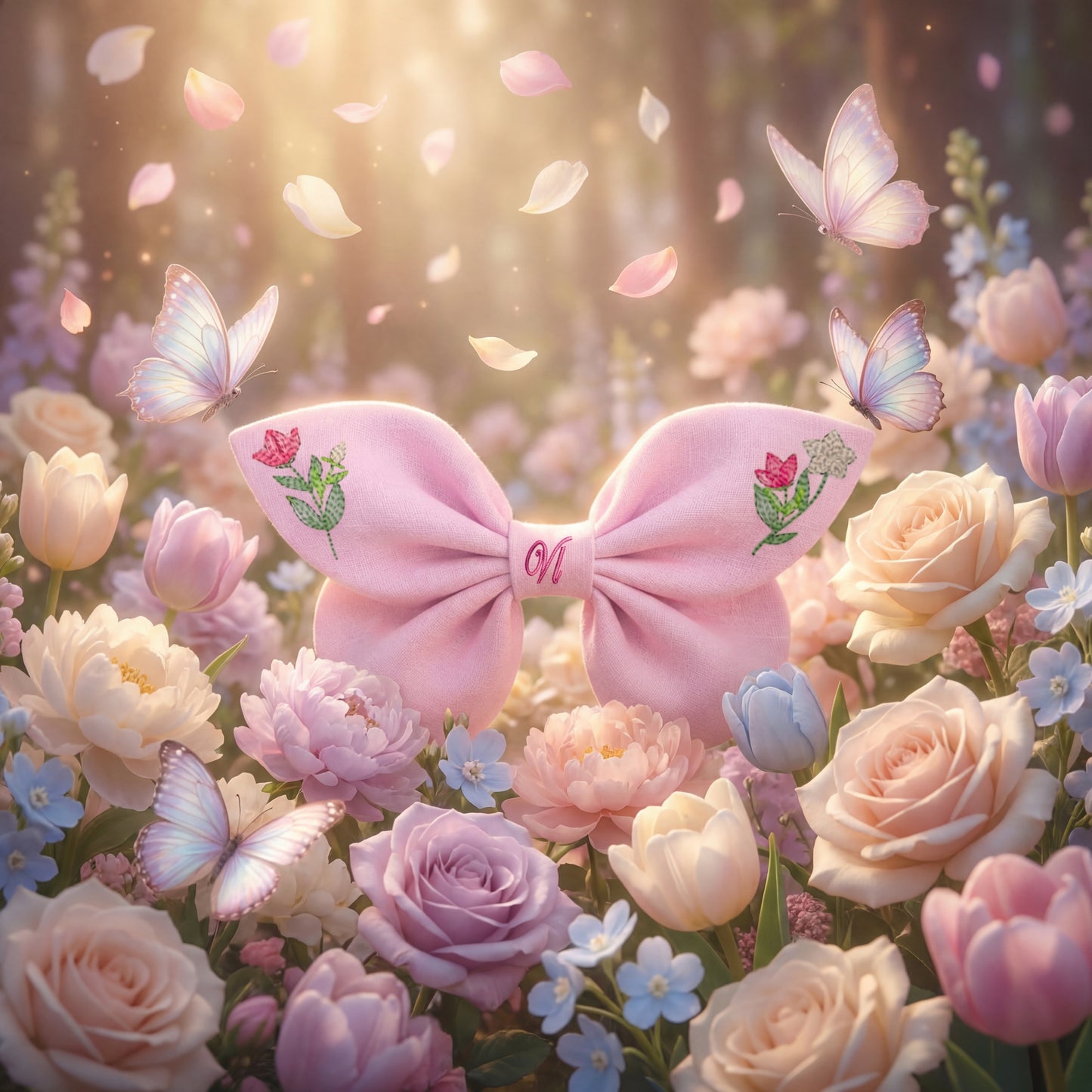 Blaue Leinenschleife mit Kolibri- und Blumenstickerei. Verzauberte Blumen