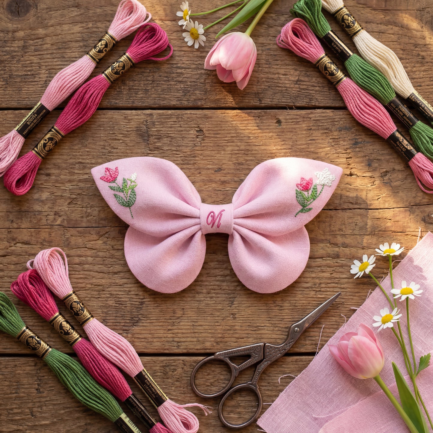 Blaue Leinenschleife mit Kolibri- und Blumenstickerei. Verzauberte Blumen