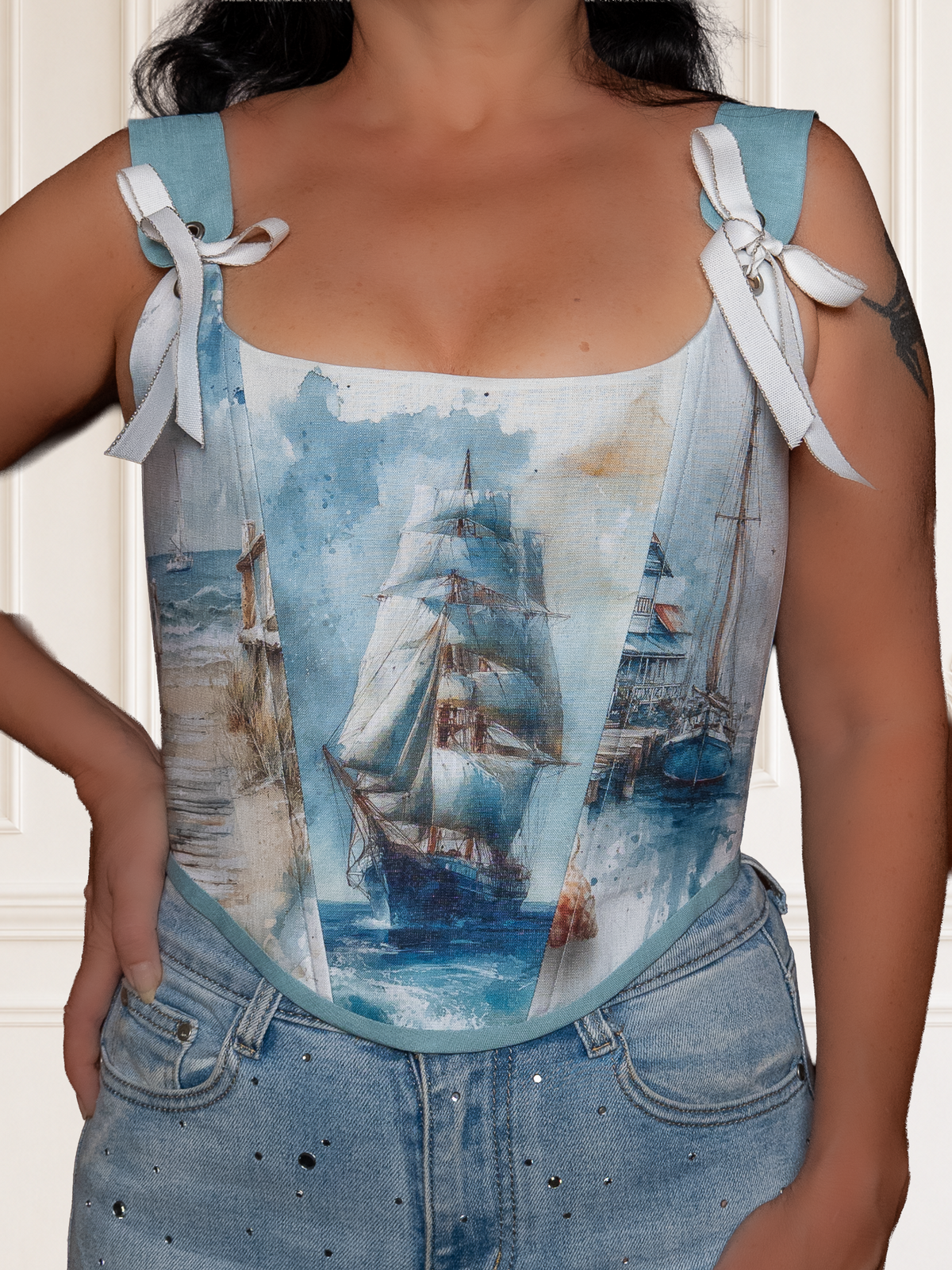 Nautical Sailing Ship Cotton Corset Top Coastal Blue Corset with Ribbon Ties