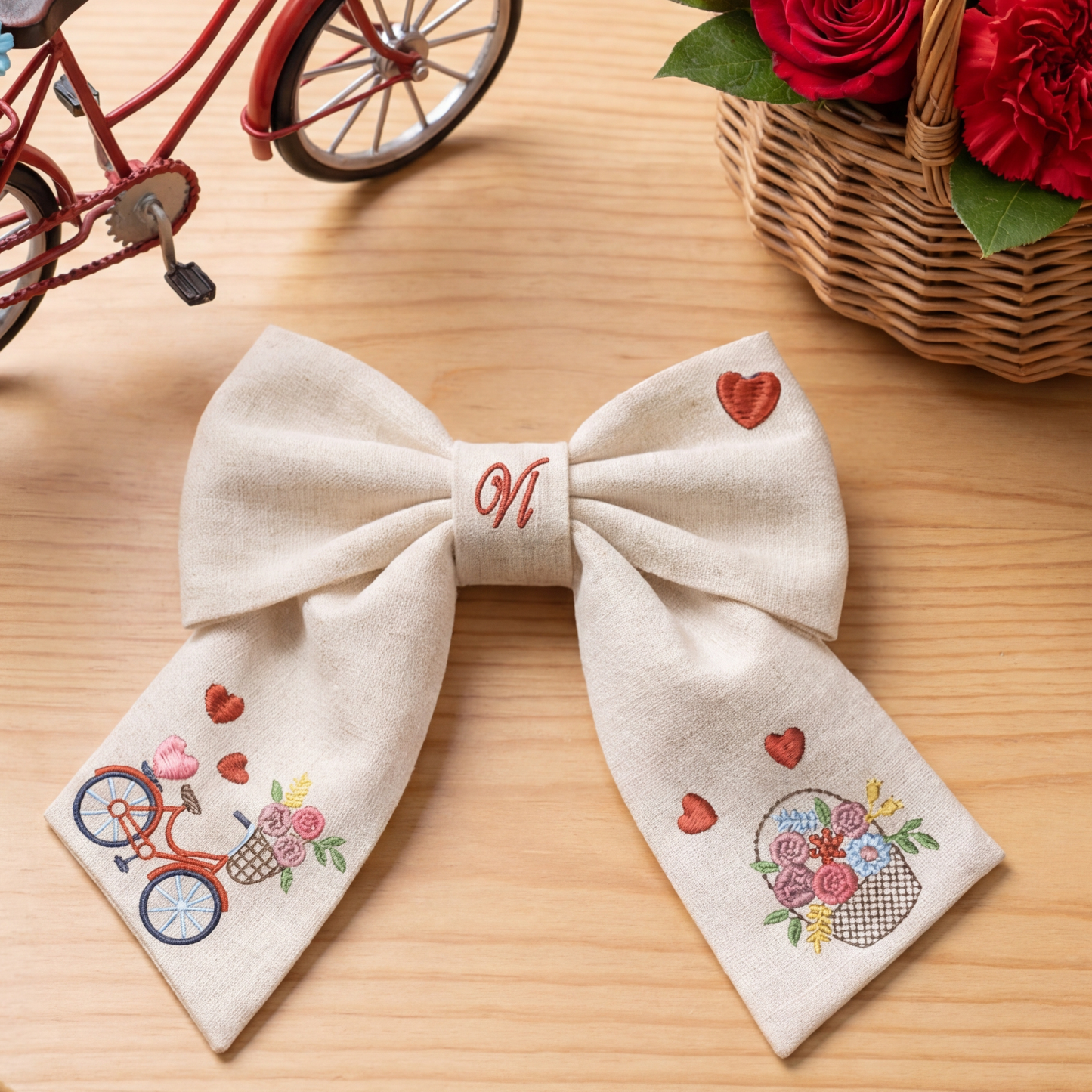Leinenband mit Stickerei „Fahrrad und Blumen“