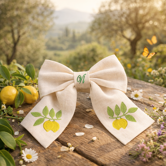 Fiocco per capelli in lino con ricamo limoni