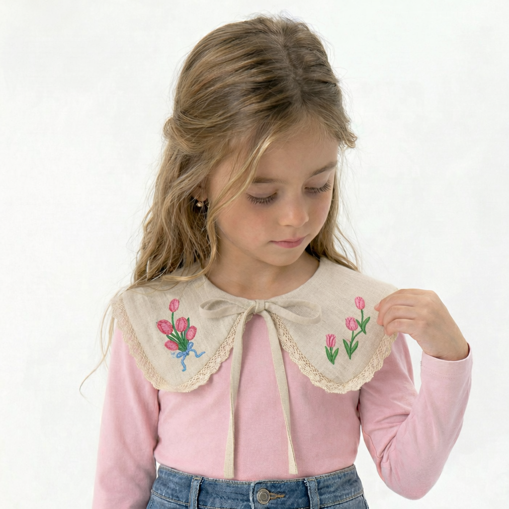 Colletto Decorativo in Lino Naturale per Bambina con Ricamo Tulipani – Fatto a Mano in Italia