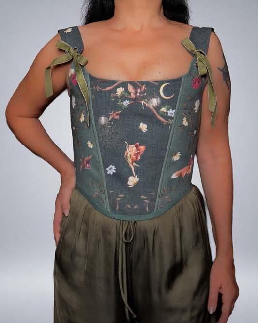 Green Linen Fairy Corset with Moon & Floral Print Romantic Cottagecore Corset Italian Atelier Made