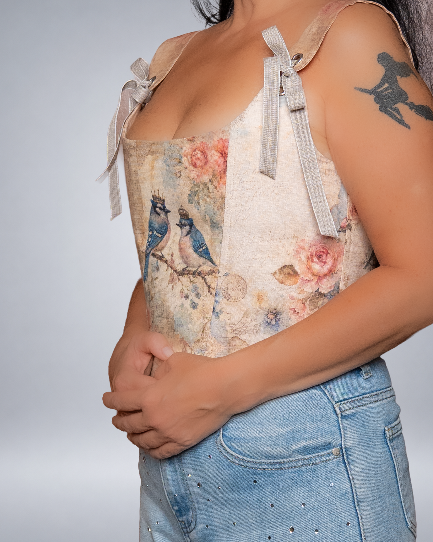 Crowned Blue Birds Linen Corset