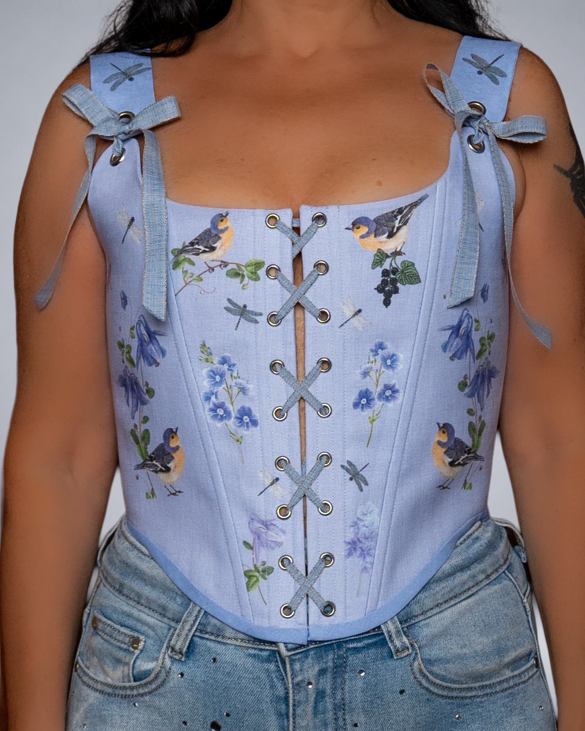 Light Blue Linen Bird Corset with Floral Print  Fairycore Bodice Italian Atelier Made