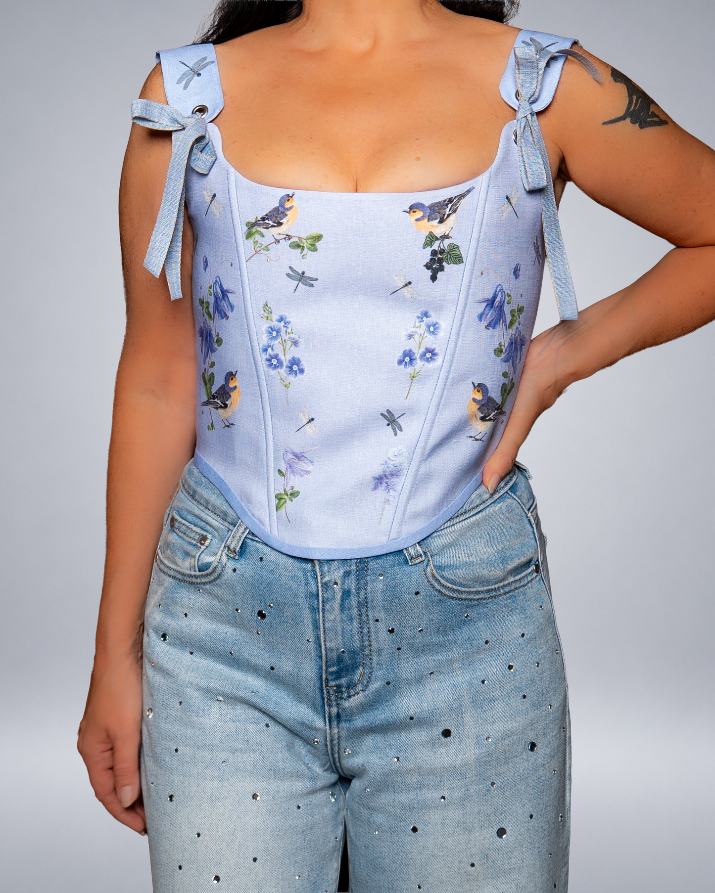 Light Blue Linen Bird Corset with Floral Print  Fairycore Bodice Italian Atelier Made