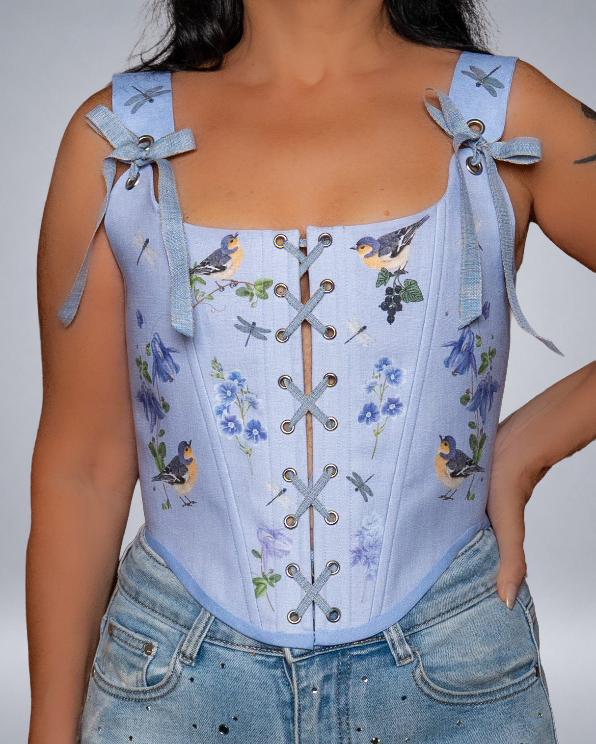 Light Blue Linen Bird Corset with Floral Print  Fairycore Bodice Italian Atelier Made