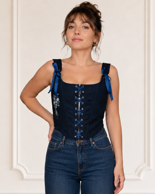 Navy Blue Linen Corset Top with Floral Embroidery