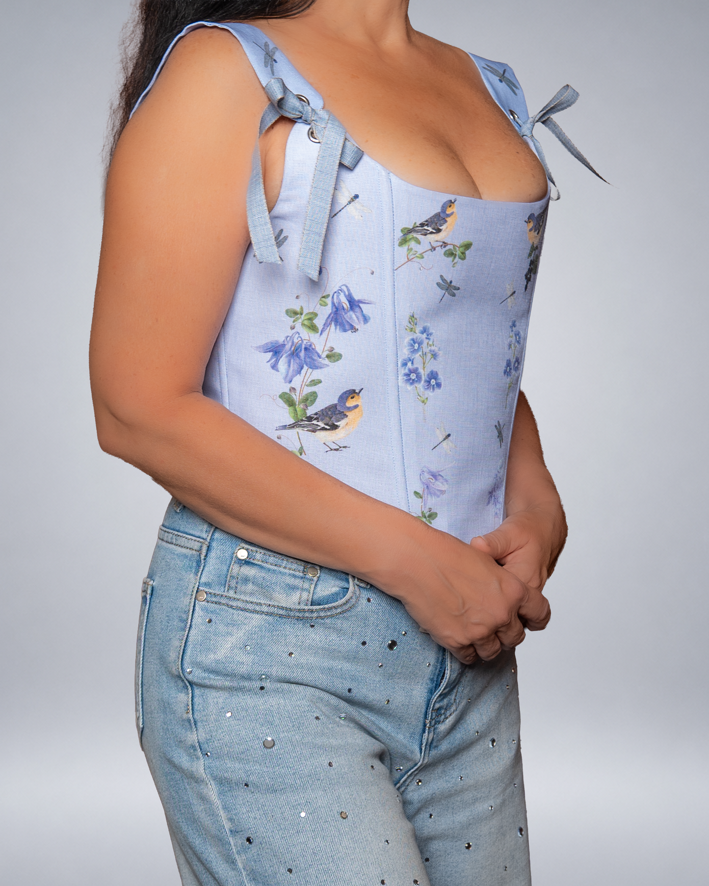 Light Blue Linen Bird Corset with Floral Print  Fairycore Bodice Italian Atelier Made