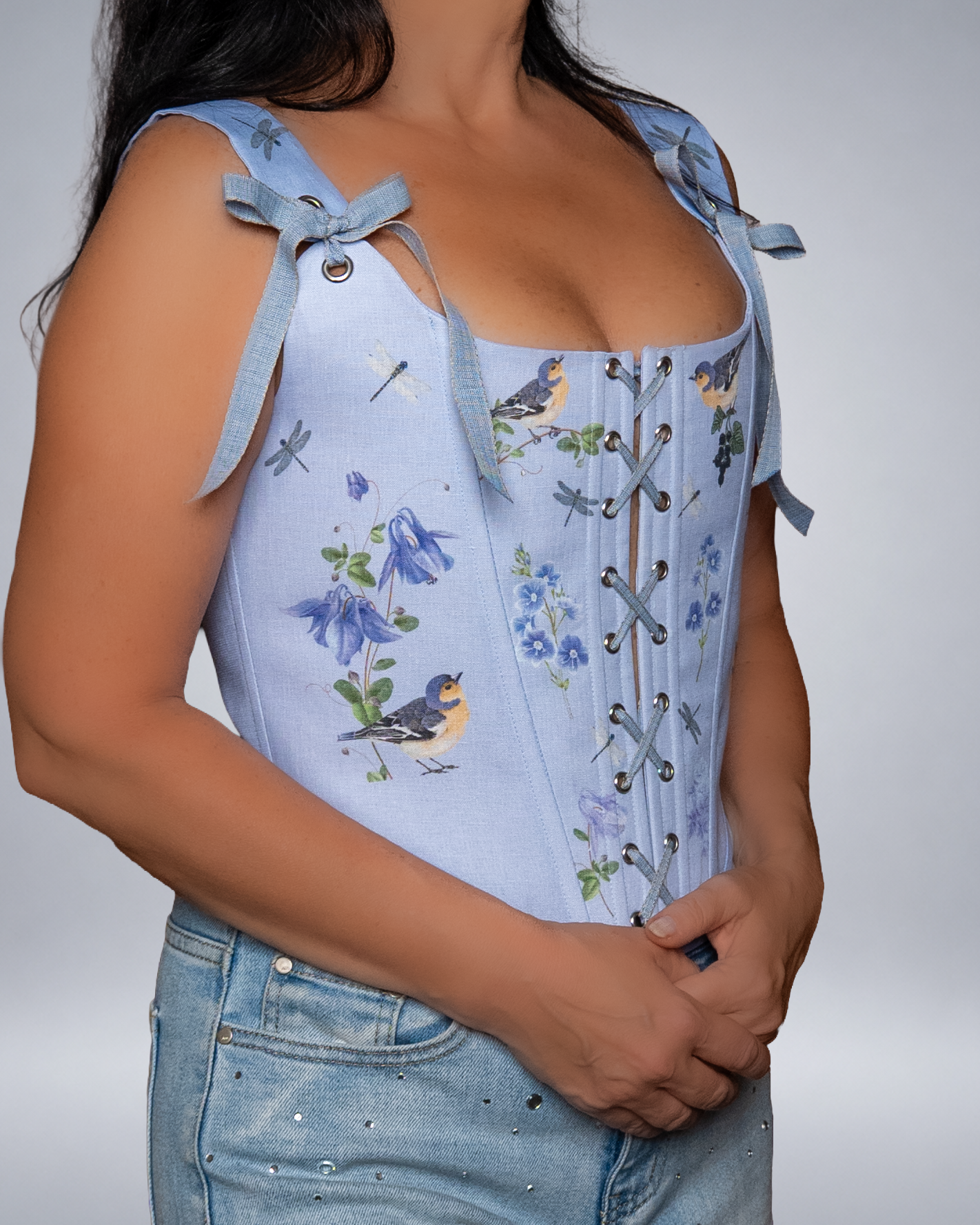 Light Blue Linen Bird Corset with Floral Print  Fairycore Bodice Italian Atelier Made