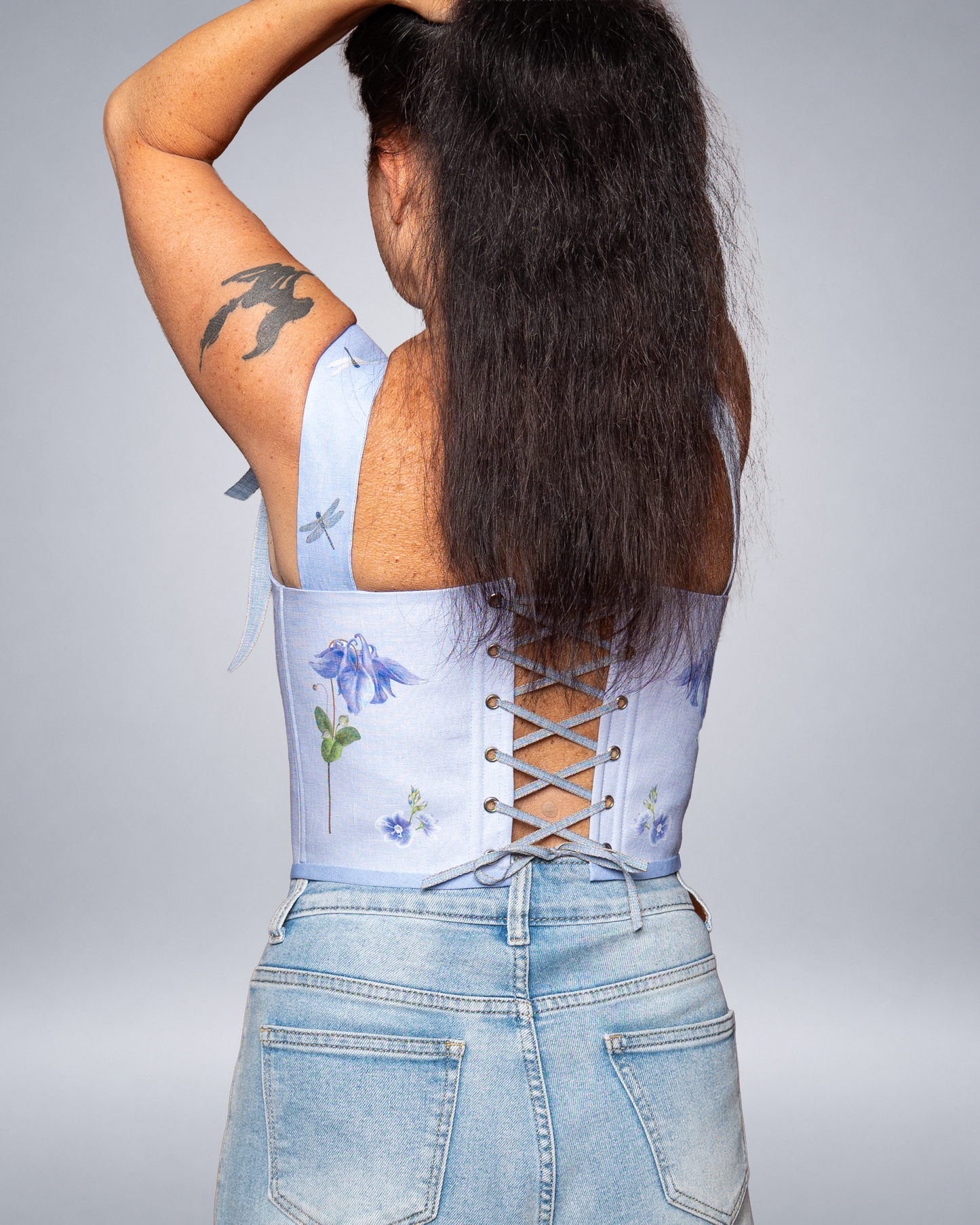 Light Blue Linen Bird Corset with Floral Print  Fairycore Bodice Italian Atelier Made