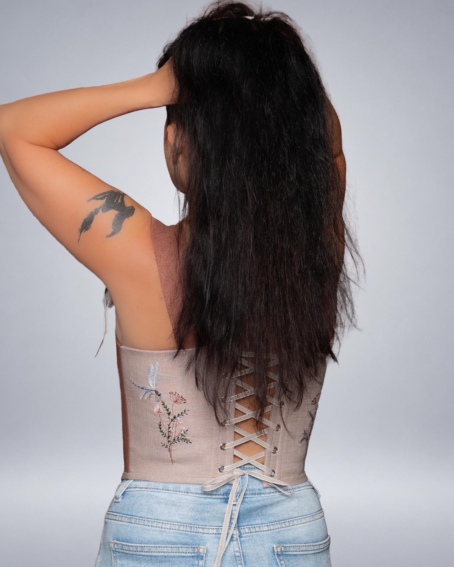 Brown and Beige Linen Corset Top with Embroidery