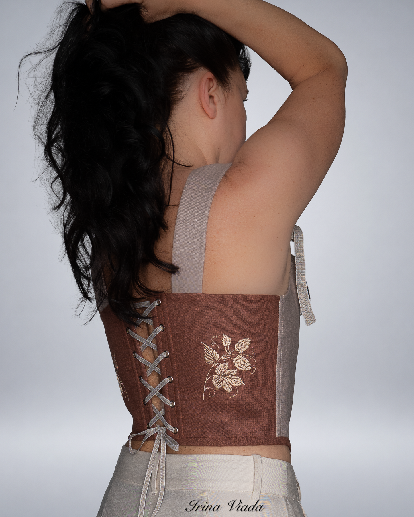 Brown Linen Corset Top with Floral Embroidery Romantic Cottagecore Corset
