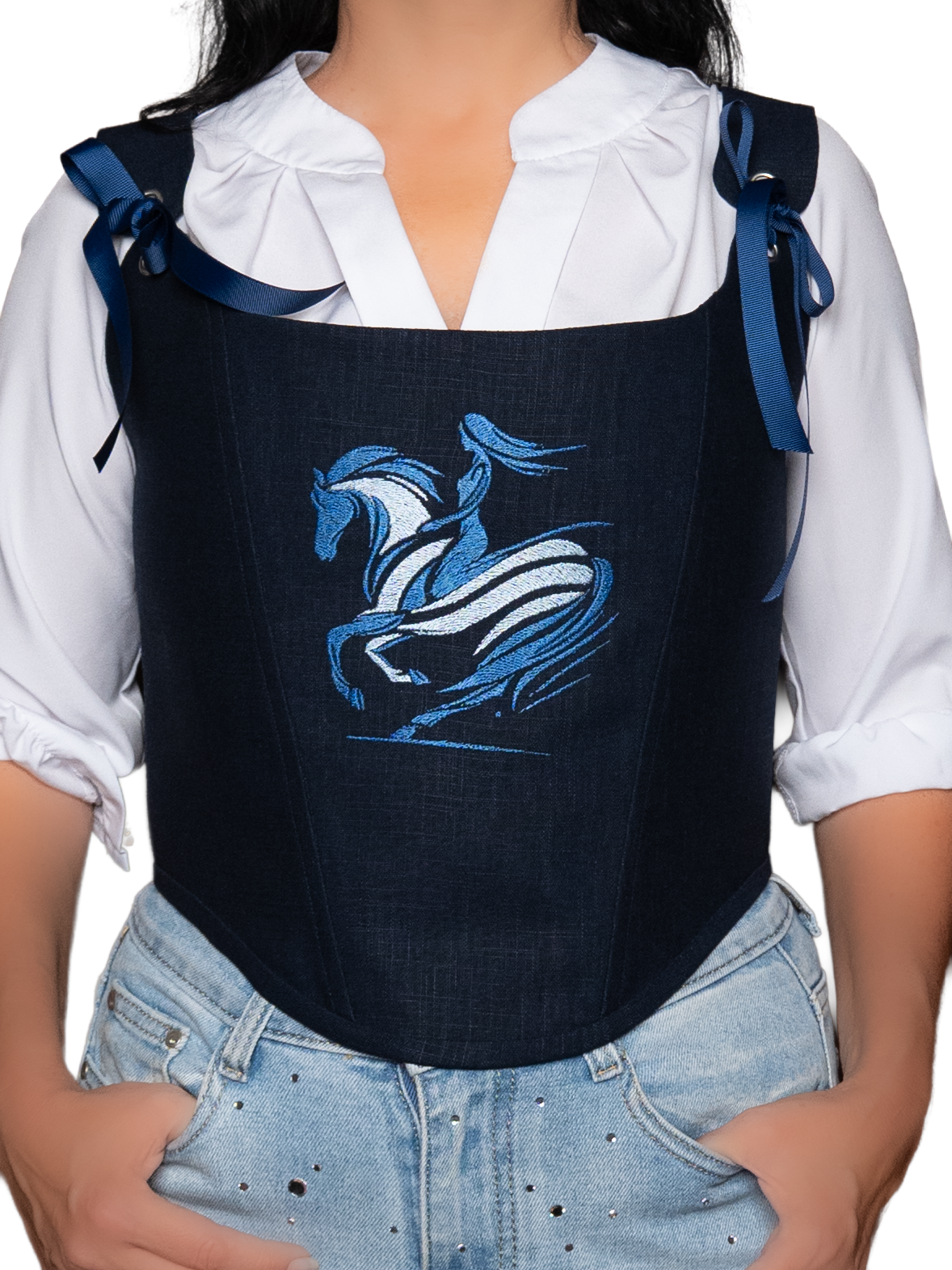 Navy Blue Embroidered Linen Corset