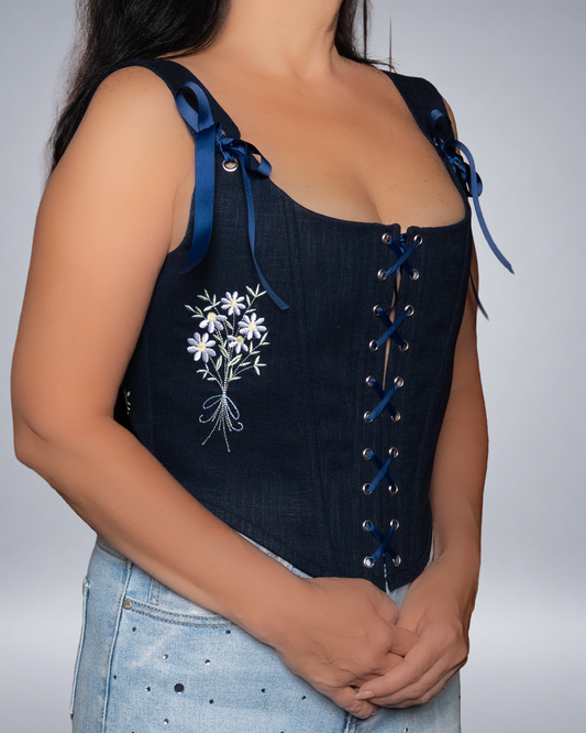 Midnight Navy Linen Corset Top with Floral Embroidery Romantic Cottagecore Corset