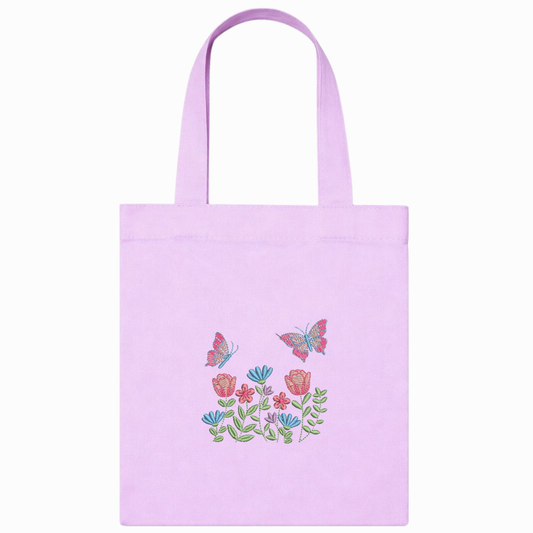 Rosa Canvas-Shopper mit floraler Stickerei und Schmetterlingen – Handgefertigte Tasche VIADALINNO