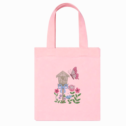 Rosafarbene Shopper-Tasche aus Canvas mit Blumenstickerei und Schmetterling, handgefertigt in Italien