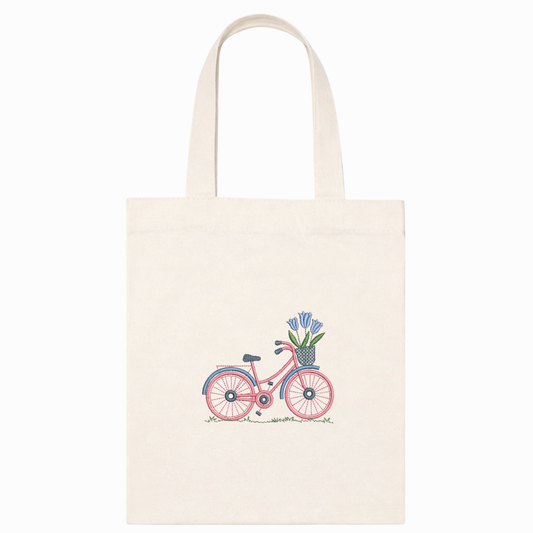 Canvas-Einkaufstasche mit handgesticktem Fahrrad- und Tulpenmuster, handgefertigt in Italien
