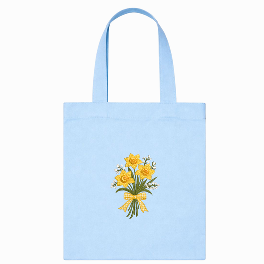 Blaue Canvas Shopper-Tasche mit gestickten Narzissen, handgefertigt in Italien