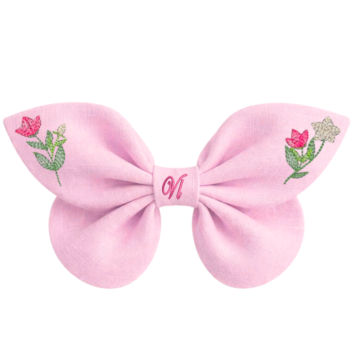 Blaue Leinenschleife mit Kolibri- und Blumenstickerei. Verzauberte Blumen